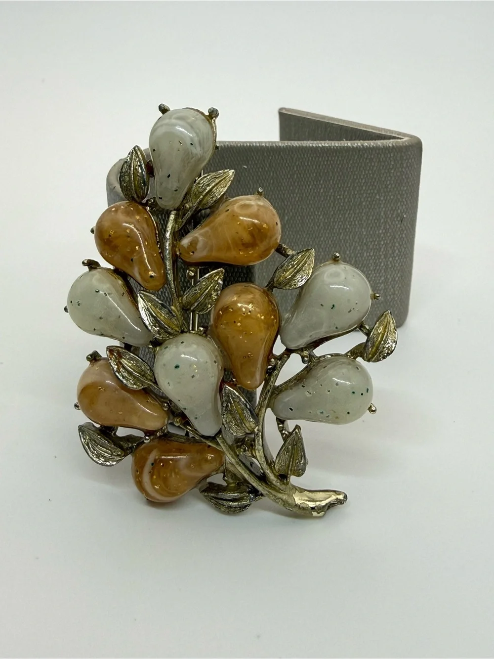 Vintage Signed Coro Moonglow Lucite Pear Fruit Tree Brooch Gold Tone